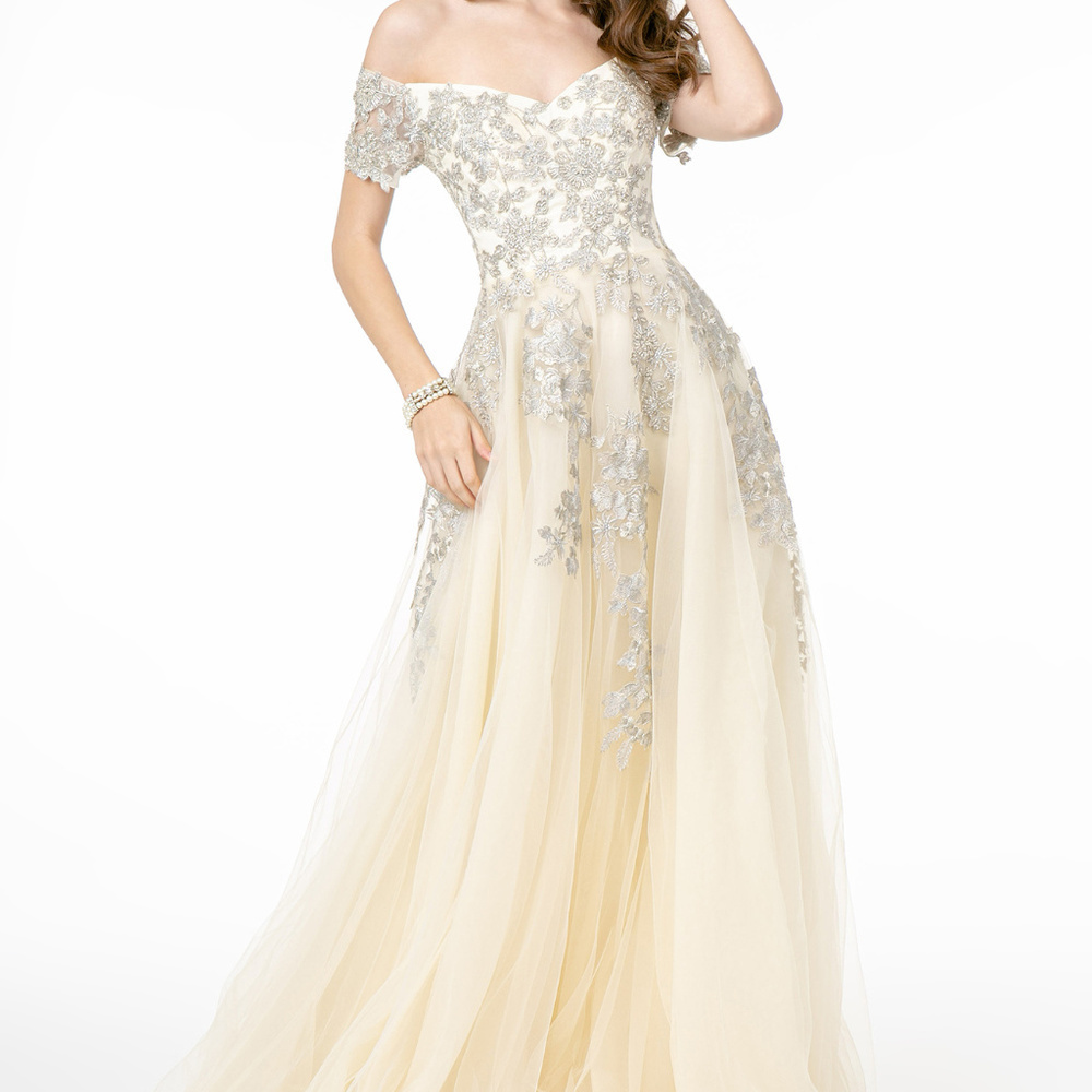 CHAMPAGNE COLOR WEDDING FORMAL EVENING  A-Line Long Dress With V-Back GSGL2885